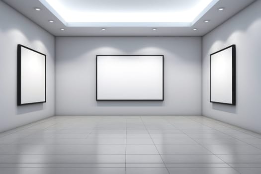 Modern art gallery interior, clean white space with empty picture frames, AI generative.
