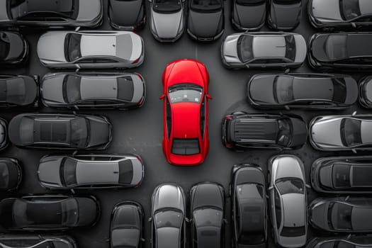a red car among grey cars .marketing concept. AI generative.