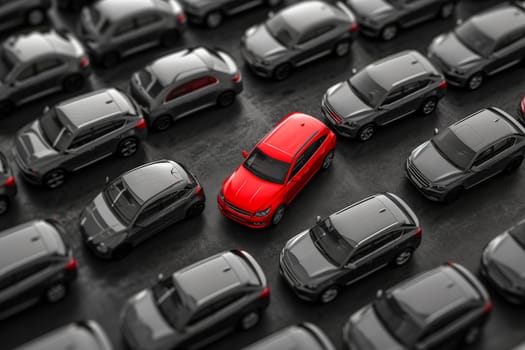 a red car among grey cars .marketing concept. AI generative.