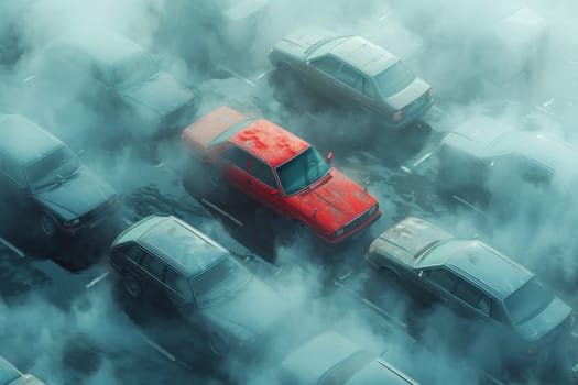 a red car among grey cars .marketing concept. AI generative.