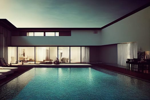 Luxury pool villa spectacular contemporary design digital art real estate , home, house and property, Generative AI illustration.