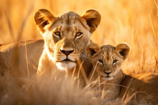 Lioness and young lion cub. Wildlife animal outdoors on its natural habitat. AI generative.