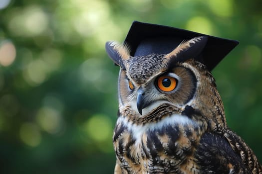 Wise owl wearing graduation cap and glasses against a stack of books on a table in a library among the shelves, Generative AI.