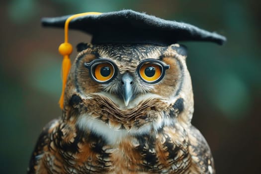 Wise owl wearing graduation cap and glasses against a stack of books on a table in a library among the shelves, Generative AI.