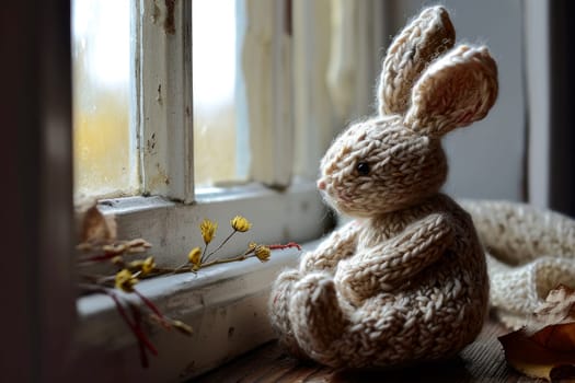 A handmade knitted rabbit and knitting needles. The concept of manual labor. AI generated..