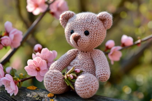 A handmade knitted teddy bear and knitting needles. The concept of manual labor. AI generated..