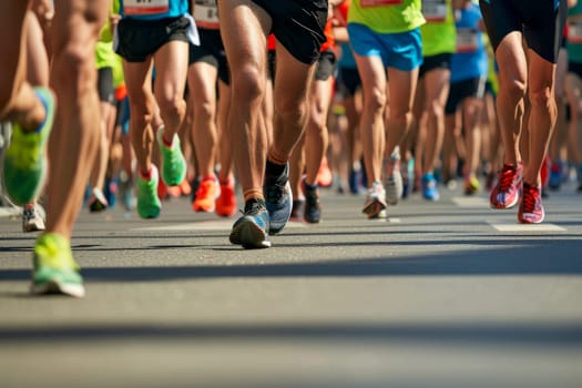 Close up of a Group of Men Runners Legs in a Road Race. Generative Ai.