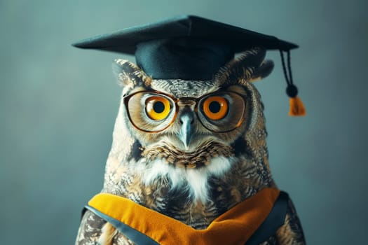 Wise owl wearing graduation cap and glasses against a stack of books on a table in a library among the shelves, Generative AI.