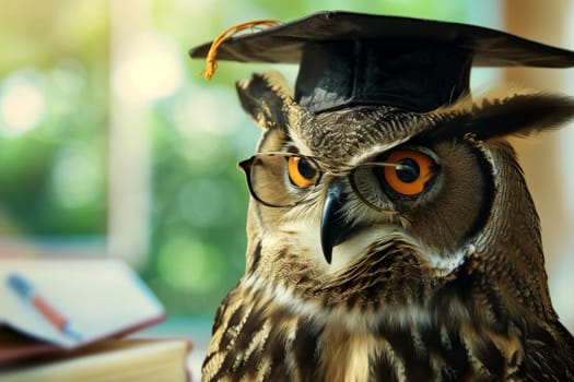 Wise owl wearing graduation cap and glasses against a stack of books on a table in a library among the shelves, Generative AI.