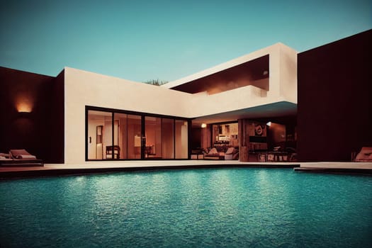 Luxury pool villa spectacular contemporary design digital art real estate , home, house and property, Generative AI illustration.