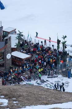 Grandvalira, Andorra: 2024 31 January: People dancing at the Apres Ski in Bar at the Grandvalira ski resort in 2023.