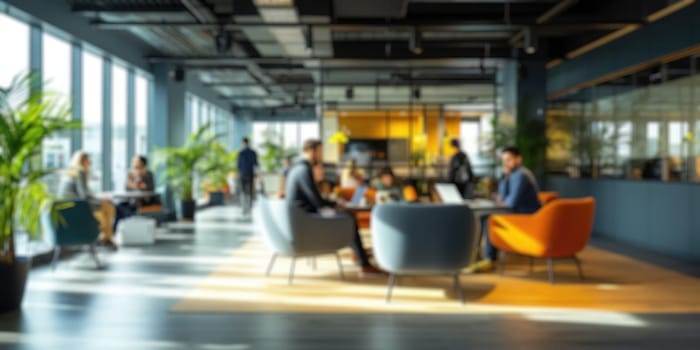 Blurred photo capturing the dynamic atmosphere of a modern open-plan office with people engaged in discussion and work. Resplendent.