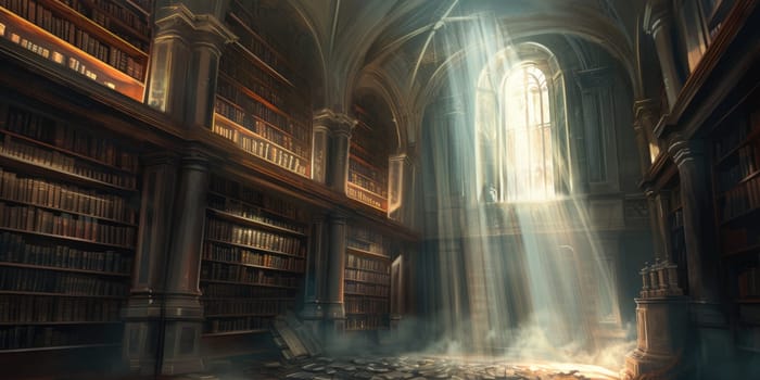 An ancient library filled with magical books, glowing orbs, and mystical artifacts. Shelves reach up to a high, vaulted ceiling, with soft light filtering through stained glass windows. Resplendent.