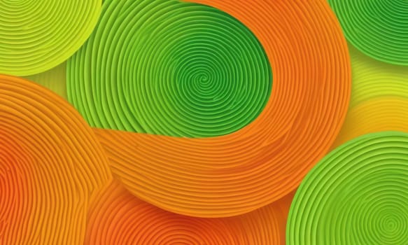 A gradient wallpaper with Coiled shapes using lime and orange gradient colors. Generative AI.