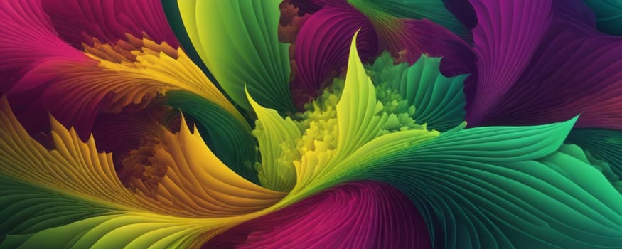 A gradient wallpaper with Fractal shapes using green and magenta gradient colors. Generative AI.