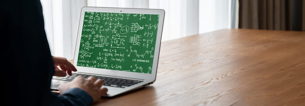 Mathematic equations and modish formula on computer screen showing concept of science and education