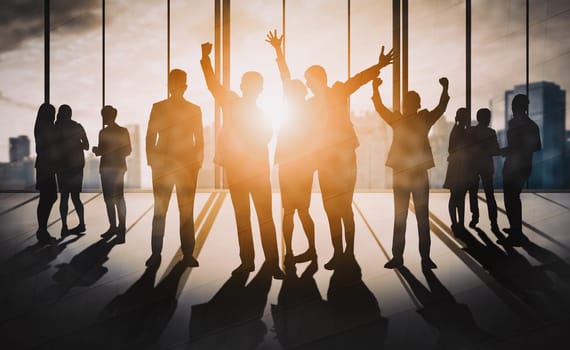 Double exposure image of many business people conference group meeting on city office building in background showing partnership success of business deal. Concept of teamwork, trust and agreement. uds