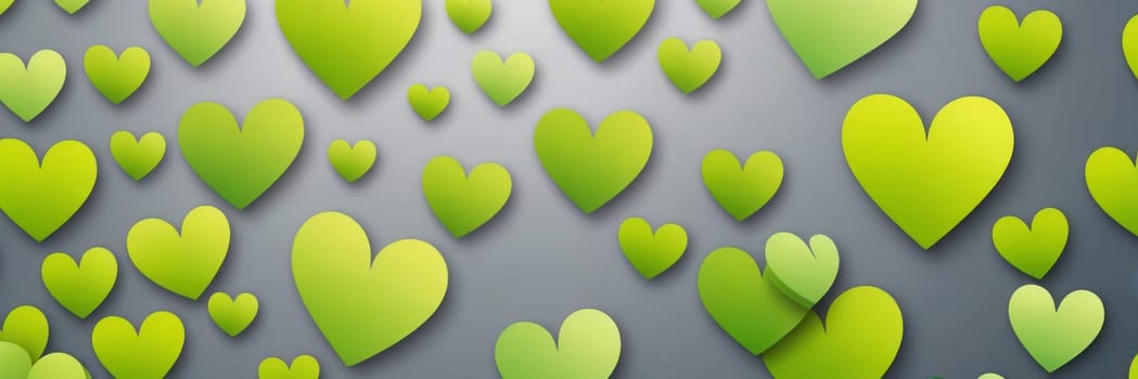 A gradient wallpaper with Heart shapes using gray and lime green gradient colors. Generative AI.