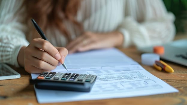 Partial view of woman filling in bankruptcy form and using calculator on wooden. Generative AI.