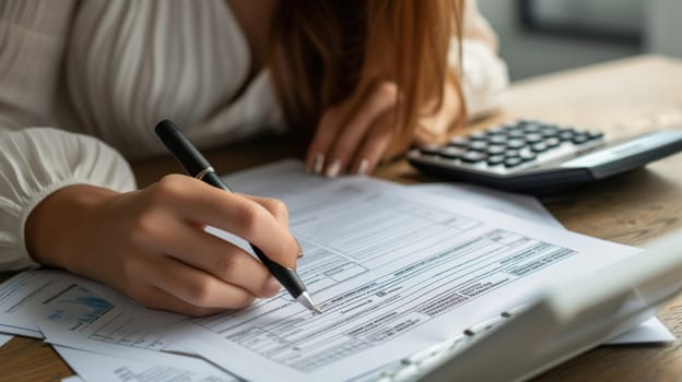 Partial view of woman filling in bankruptcy form and using calculator on wooden. Generative AI.