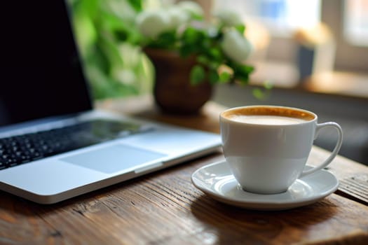 Laptop and coffee hot latte cup. Generative AI.