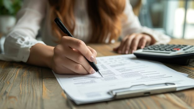 Partial view of woman filling in bankruptcy form and using calculator on wooden. Generative AI.