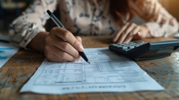 Partial view of woman filling in bankruptcy form and using calculator on wooden. Generative AI.