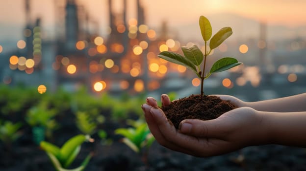 Hands holding small saplings growing, with a city and industries in the background. Generative AI.