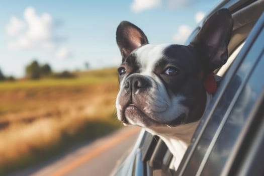 Head of happy lap dog looking out of car window enjoying road trip. Generative AI.