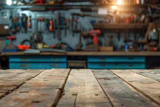 The table with garage tool background. Generative AI.