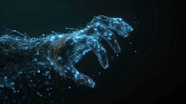 Hologram of a glowing polygonal of interconnected lines humanoid robotic hand. Generative AI.