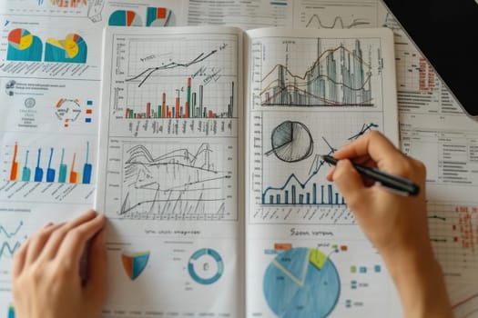 Businessman analyzing investment charts with a pen. Generative AI.