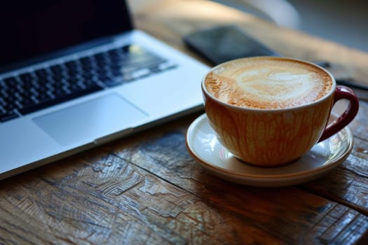 Laptop and coffee hot latte cup. Generative AI.