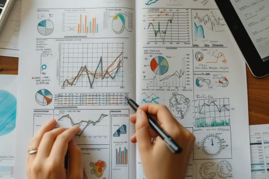 Businessman analyzing investment charts with a pen. Generative AI.