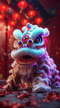 Lion dance costume performing in China, Lunar new year celebration. Generative AI.