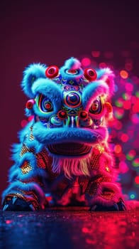 Lion dance costume performing in China, Lunar new year celebration. Generative AI.