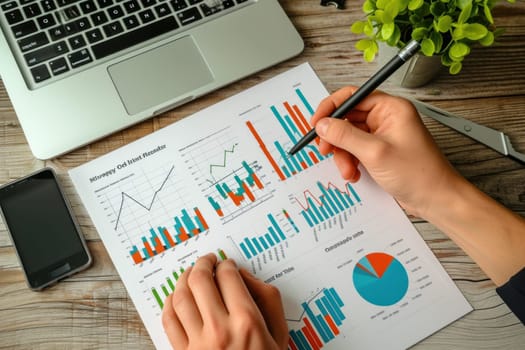 Businessman analyzing investment charts with a pen. Generative AI.