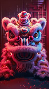 Lion dance costume performing in China, Lunar new year celebration. Generative AI.