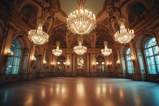An Antique Ballroom with Crystal Chandeliers and Ornate decor. Generative AI.