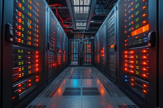 Server racks in server room data center. Generative AI.