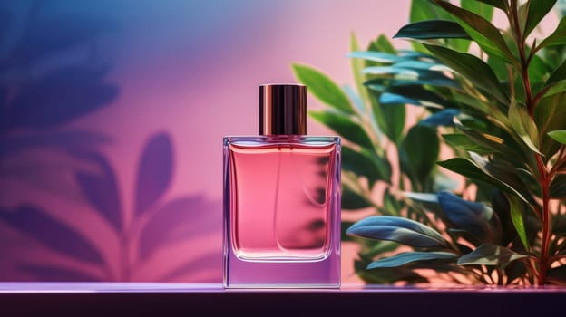 Transparent pink glass perfume bottle mockup with plants on background. Eau de toilette. Mockup, spring flat lay