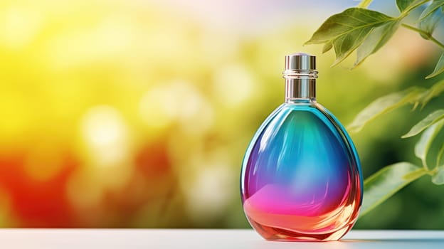 Transparent rainbow glass perfume bottle mockup with plants on background. Eau de toilette. Mockup, spring flat lay