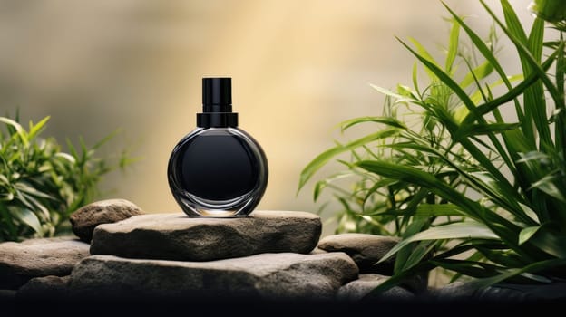 Transparent black glass perfume bottle mockup with plants on background. Eau de toilette. Mockup, spring flat lay