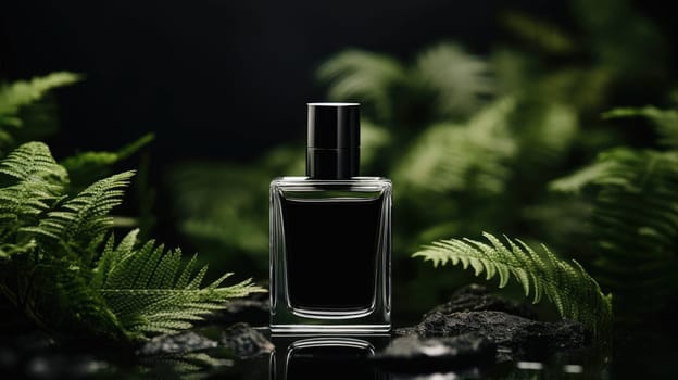 Transparent black glass perfume bottle mockup with plants on background. Eau de toilette. Mockup, spring flat lay