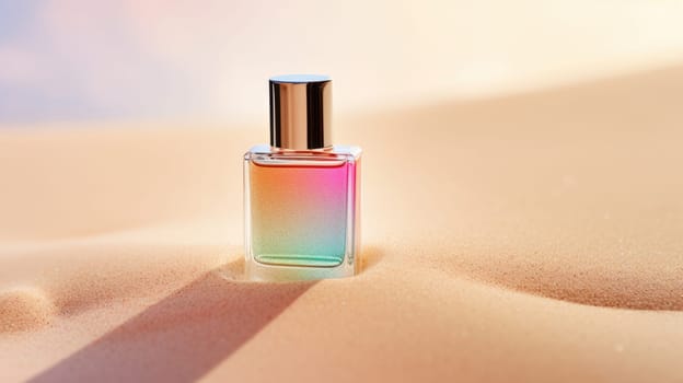 Transparent rainbow glass perfume bottle mockup with sandy background. Eau de toilette. Mockup, spring flat lay