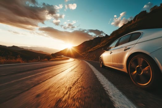 car on mountain road traveling around the world highways and sunset, tires on the asphalt road.