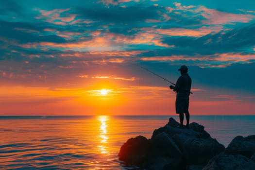 Sport fishing man with sunset, silhouette Fisherman.