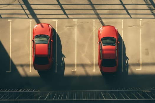 Top Angle View of Cars Parked on outdoor Parking Lots area in front of building with Shadow.