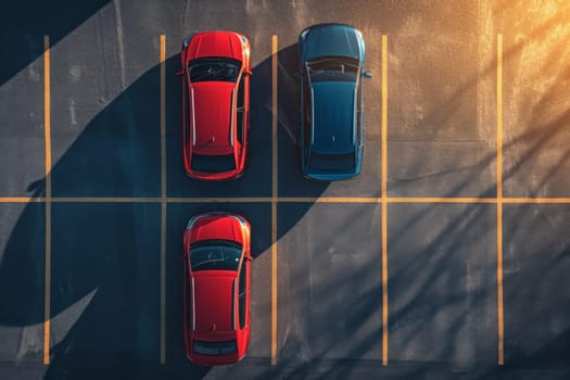 Top Angle View of Cars Parked on outdoor Parking Lots area in front of building with Shadow.