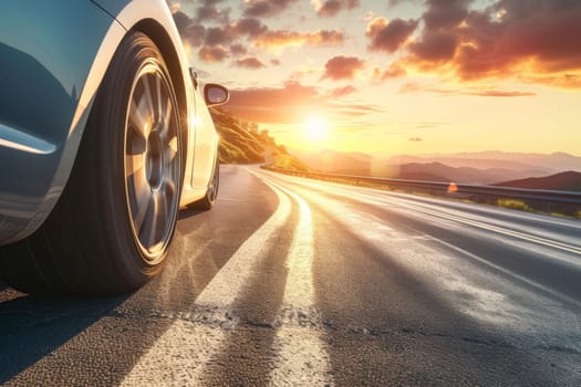 car on mountain road traveling around the world highways and sunset, tires on the asphalt road.